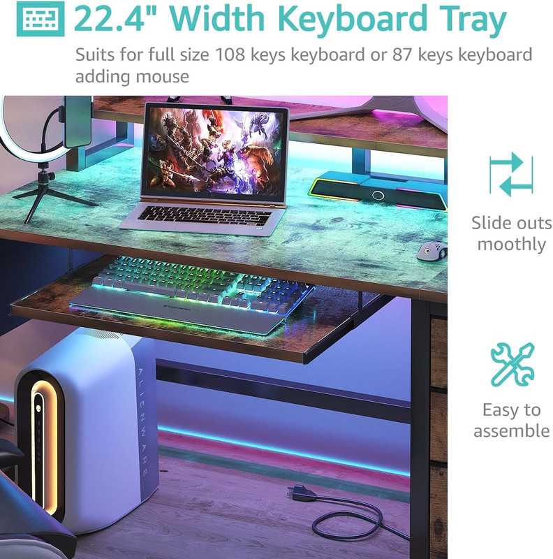 Gaming Desk with LED Lights and Power Outlets, 47 Inch Home Office Desks with Ke gallery