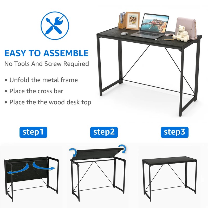 Mainstays Black Frame Folding Desk with Black Grained Top,Adult gallery