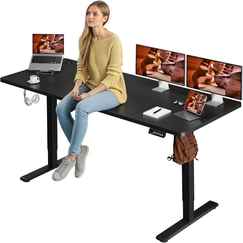 Standing Desk, 79″x31″, Adjustable, Memory Preset & Cup Holder, Black