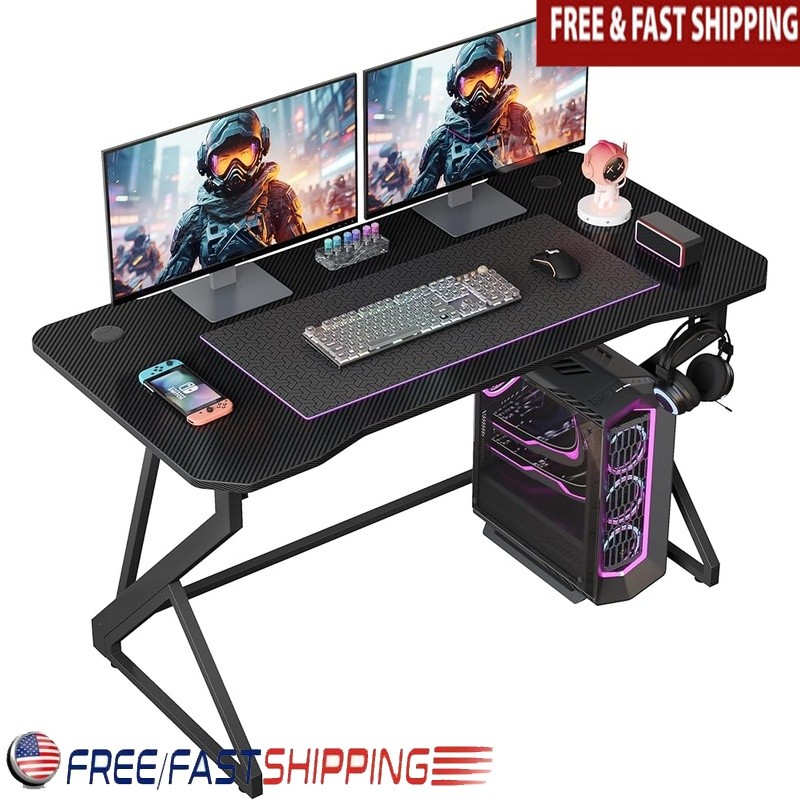 Z Shaped Gaming Desk Carbon Fiber PC Table Headphone Hook Waterproof Durable New
