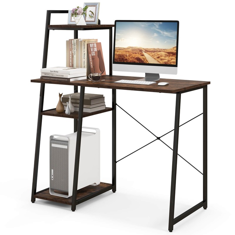 Computer Desk with Shelves Study Writing Desk Workstation with Bookshelf Brown
