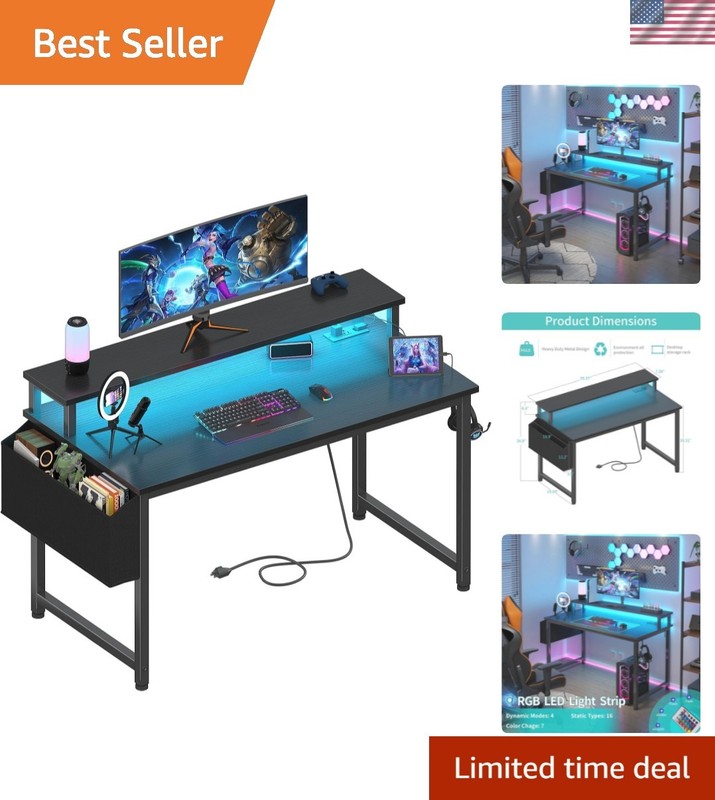 Black Gaming Desk with LED Lights and Power Outlets, 40 Inch Teen Writing Stu...
