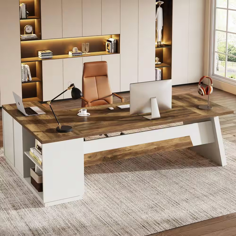 Capen 78 In. L Shaped Brown and White Wood Executive Desk with Lateral File Cabi